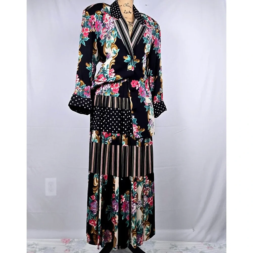 Gorgeous Vintage Carole Little Floral Mixed Print Set Blazer 10 Maxi Skirt 8 - Picture 4 of 16